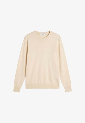 Beiger Rundhals-Pullover mit langen Ärmeln, gerippten Bündchen und Saum, flach auf weißem Hintergrund ausgelegt.