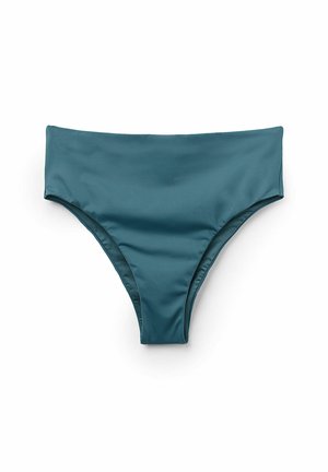 Parte inferior de bikini color teal con una textura suave y brillante, que presenta un diseño de talle alto y cobertura moderada en los lados. Sin patrones distintivos.