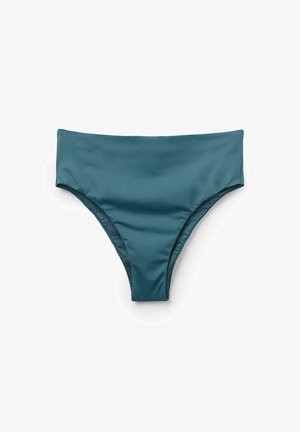 Parte inferior de bikini color teal con una textura suave y brillante, que presenta un diseño de talle alto y cobertura moderada en los lados. Sin patrones distintivos.