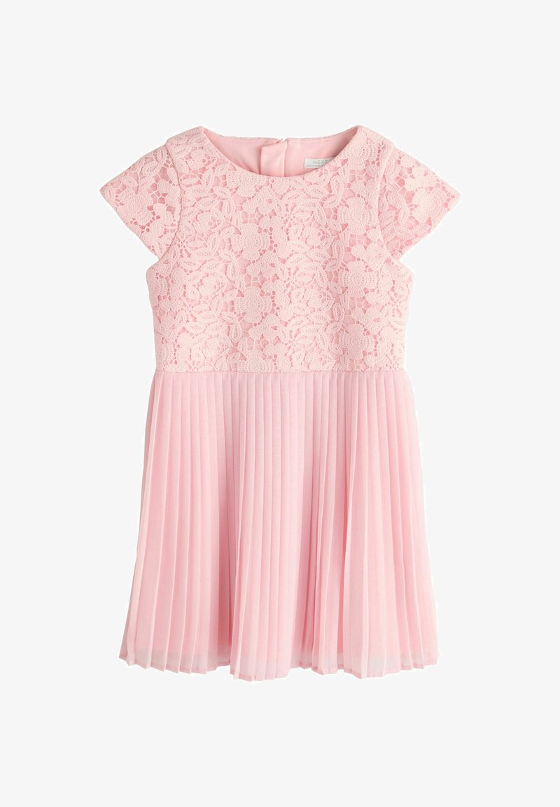 Roosa lühikeste varrukatega kleit lillelise pitsist ülakehaga ja voltis šifoonse seelikuga, mõeldud tüdrukutele, millel on ümmargune kaelus ja taga lukuga sulg.