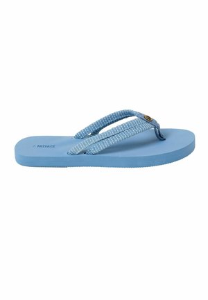 Single light blue flip-flop sandal with textured fabric straps and a small round metal logo on the thong section.