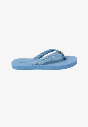 Single light blue flip-flop sandal with textured fabric straps and a small round metal logo on the thong section.