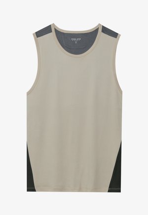 Beige sleeveless tank top with dark gray shoulder accents and black side panels. Smooth texture with a rounded neckline.