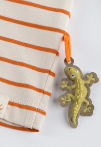 Beige gestreifter Stoff mit orangefarbenen Linien, versehen mit einem strukturierten grünen Echsen-Tag, das mit einer orangefarbenen Schnur befestigt ist.