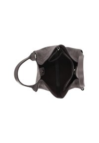 Gray suede handbag with a single handle, open top, and visible inner zip pocket and magnetic button closure.