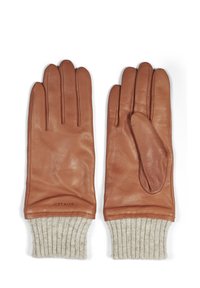 Braune Lederhandschuhe mit gerippten, beige Strickbündchen. Zu den Merkmalen gehören fünf Finger und ein einzigartiges Daumendesign für zusätzliche Wärme und Stil.