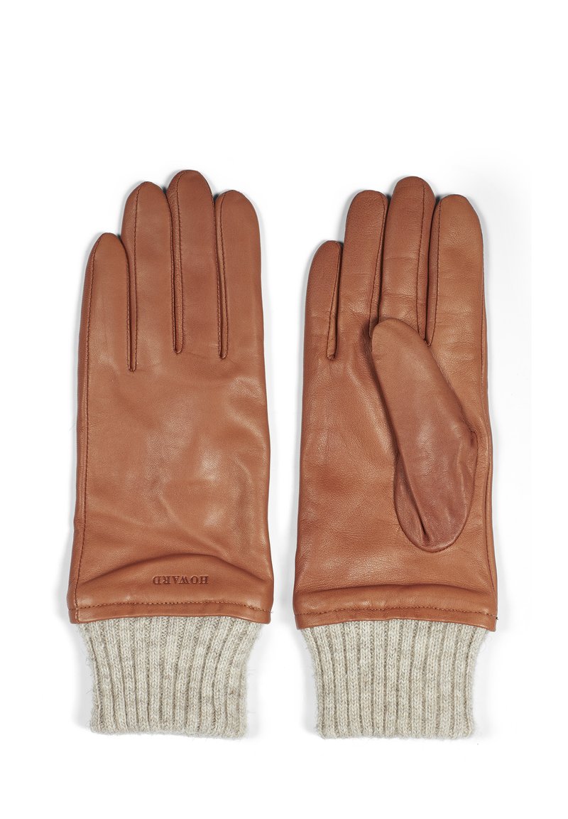 Brune læderhandsker med ribbet beige strikmanchetter. Funktioner inkluderer fem fingre og et unikt tommel-design for ekstra varme og stil.