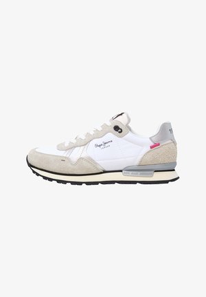 Valge ja heledashall sneaker, millel on nahkakujundus, võrgupaneelid, must kummist tald, nööridega disain ja logo detail külgedel.