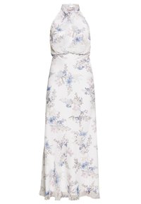 Vit ärmlös halterneck maxiklänning med blå och rosa blommönster och smockad byst.