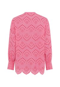 Camicia a maniche lunghe rosa con un design in broderie anglaise, orlo scallop e dettagli a occhiello, con polsini abbottonati.