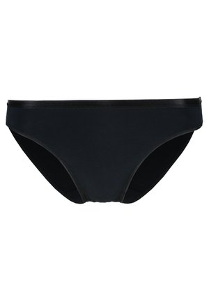 Zwarte bikini briefs gemaakt van gladde stof, met een standaard snit, elastische tailleband en minimale naaddetails.