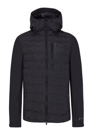 Zwarte pufferjas met een slim fit ontwerp, voorzien van een rits aan de voorkant, hoge kraag en een soepele textuurstof met contrasterende paneelaccenten.