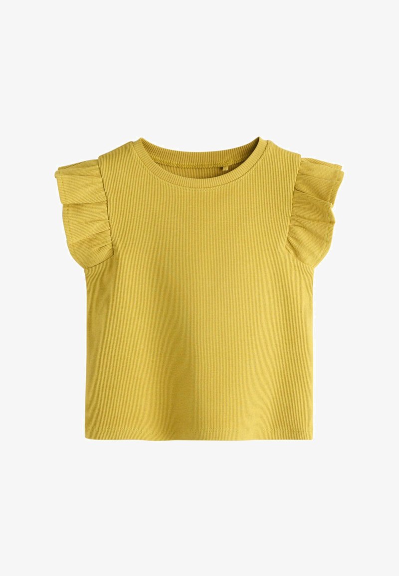 Geltona ribota be rankovių maža vaiko palaidinė su apvalia iškirpte ir raukiniais ant pečių, baltoje fone.