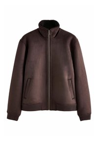 Veste marron foncé zippée avec col montant, deux poches avant inclinées, poignets et bas-côtes, confectionnée en matière suédée avec une doublure douce.