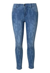Džínové kalhoty v světlé až střední modré barvě s jemným potiskem. Úzký střih s tradičním designem pěti kapes a zapínáním na knoflík.