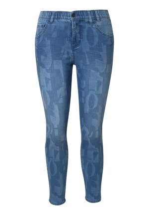 Denim jeans in een licht tot gemiddelde blauwe tint met een subtiele gedrukte patroon. Slim fit met een traditionele vijf-pocket ontwerp en knoopsluiting.