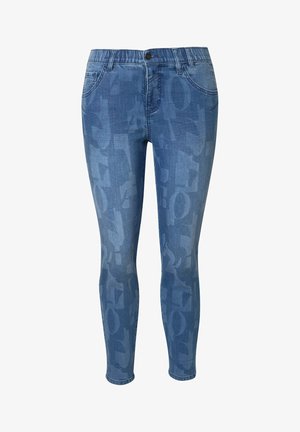 Jeans aus Denim in einem hellen bis mittleren Blauton mit einem dezenten Druckmuster. Schmale Passform mit traditionellem Fünf-Taschen-Design und Knopfverschluss.