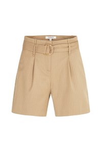 Beige Shorts mit vertikalen weißen Streifen, ausgestattet mit einem breiten Bund, einem Gürtel mit goldener Schnalle und zwei Fronttaschen.
