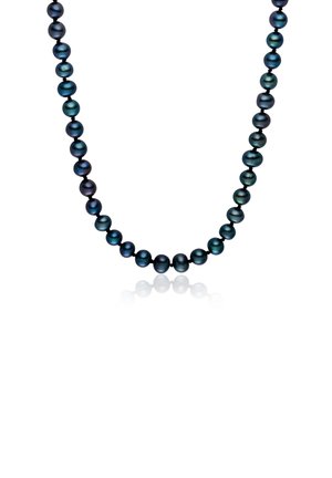 Black and blue iridescent pearl necklace featuring round beads, consistent size, and a smooth surface, reflecting light against a white background.