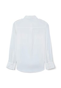 Camicia bianca a maniche lunghe con colletto, piega sul retro e polsini con bottoni, realizzata in un tessuto liscio e leggero. Nessun motivo o accentuazione visibile.