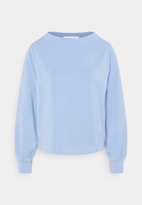 Vaaleansininen pitkähihaine paita, joka on valmistettu pehmeästä kankaasta. Siinä on pyöreä kaula-aukko ja supistetut hihansuut, sekä rento istuvuus ja yksinkertainen ommel.