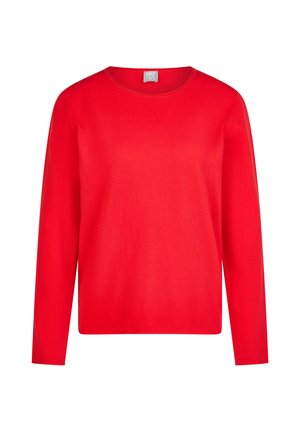 Roter Langarmpullover mit Rundhalsausschnitt, gerade gesäumt und mit kleinem innerem Etikett am Ausschnitt.