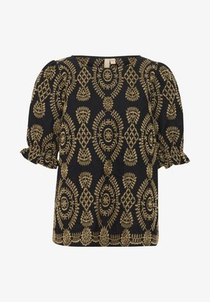 Czarny top z złotym haftem w kwiaty, z okrągłym dekoltem i bufkami, wykończony falbaniastymi krawędziami. Ozdobny wzór na całej powierzchni.