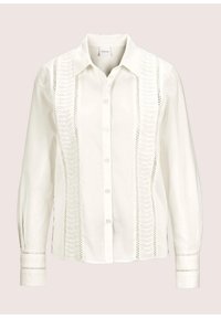 Witte button-up shirt met gerimpelde zijkant, textuurmouwen en ingewikkelde uitsnijdingen langs de randen. Gemaakt van katoen.