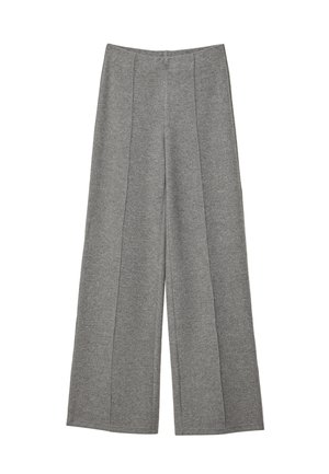 Hlače širokih nogavica od heather sive tkanine, s glatkom teksturom i prednjim nabranjima, te elastičnim pojasom za udobnost.