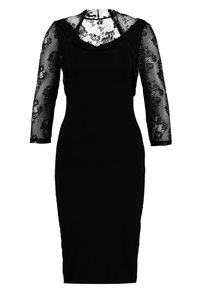 Zwarte jurk met een getailleerd ontwerp, lange mouwen van kant, een cowl-halslijn en een lengte tot de knie. Gemaakt van een soepele, rekbare stof.