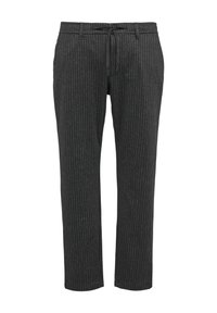 Zwarte broek met een recht model, voorzien van dunne witte verticale strepen, een elastische tailleband met trekkoord en gemaakt van zachte katoen.