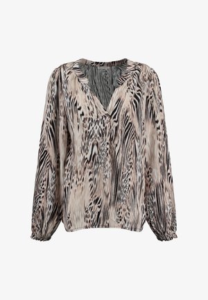 Lightweight blouse in beige and black animal print, featuring a V-neckline, gathered sleeves, and a relaxed fit. Smooth, slightly glossy fabric.