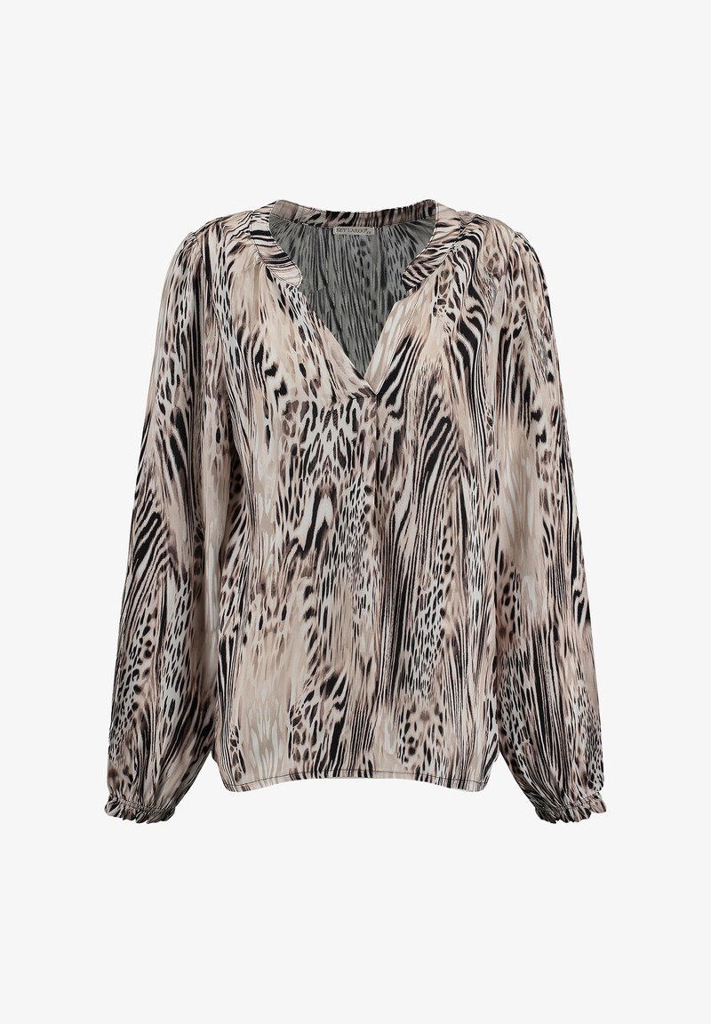Leichte Bluse in beige und schwarzem Tiermuster, mit V-Ausschnitt, gerafften Ärmeln und lockerer Passform. Glattes, leicht glänzendes Material.