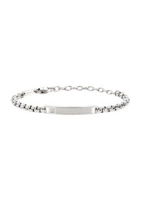 Bracciale in argento con un design a catena e una barra centrale piatta, superficie texturizzata e un piccolo accento in diamante. Chiusura con gancio sicuro.