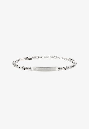 Zilveren armband met een kettingontwerp en een platte balk in het midden, een gestructureerd oppervlak en een kleine diamantaccent. Veilige sluiting.