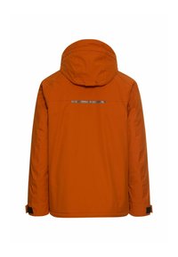 Pomarańczowa wodoodporna kurtka z kapturem, długimi rękawami, odblaskowymi detalami z tyłu oraz regulowanymi mankietami dla pewnego dopasowania.
