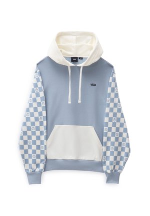 Sweat à capuche Vans bleu clair et blanc avec capuche crème, poche avant et manches à motif damier avec des symboles de paix et de fleurs.