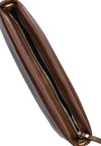 Brown leather clutch with a smooth texture, featuring a gold-toned zipper and a slender shape, designed for easy carrying.