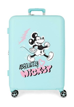 Maleta azul claro con un gráfico de Mickey Mouse caminando, un rayo rosa y el texto "Absolutamente Mickey" con un corazón rosa.