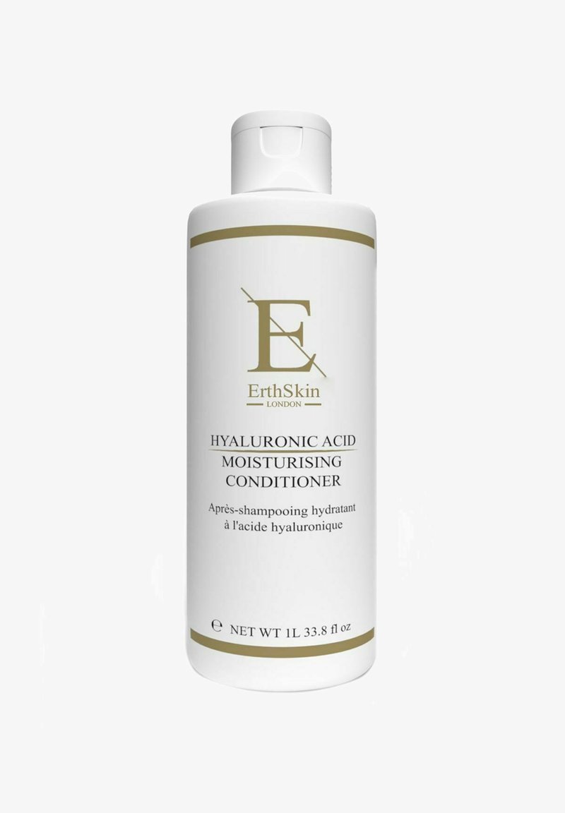 White bottle of ErthSkin London hyaluronic acid moisturizing conditioner, 1 liter size, with gold accents and French text.