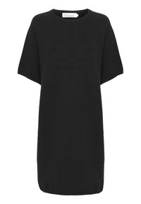 Černé oversized šaty s krátkými rukávy, kulatým výstřihem a měkkou texturou. Jednoduchý design bez dalších vzorů nebo akcentů.
