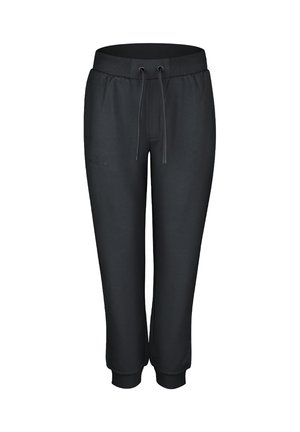 Pantalon de survêtement noir fuselé avec taille élastique, cordon de serrage ajustable, poches latérales et chevilles resserrées.