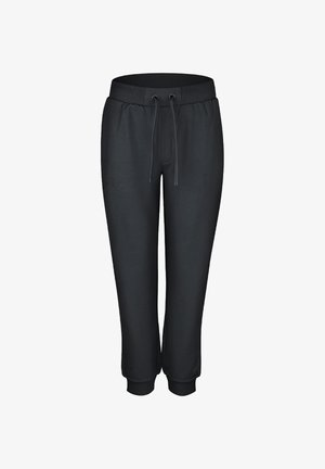 Pantalon de survêtement noir fuselé avec taille élastique, cordon de serrage ajustable, poches latérales et chevilles resserrées.