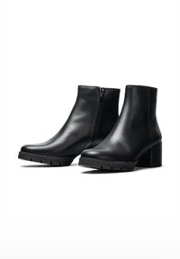 Stivaletti in pelle nera con zip laterale, tacco spesso, punta arrotondata e suola in gomma testurizzata. Finitura liscia con minimi dettagli.