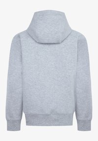 Lys grå hettegenser laget av myk, teksturert stoff. Har en sentral hette, lange ermer, og ribbestrikkede mansjetter og kant. Ingen frontdetaljer synlige.