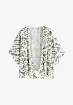 Vaļīgs, īss kimono stila žakete ar atvērtu priekšpusi, krēmkrāsas pamatni un zaļu režģa rakstu, kas dekorēts ar nelieliem rozā un ziliem ziedu motīviem.