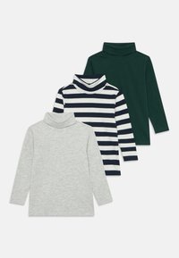 Drei Langarmrollkragenpullover: ein grauer einfarbiger, ein navyblauer mit weißen Streifen und ein dunkelgrüner. Aus weichem Baumwollstoff mit unterschiedlichen Farben und Mustern.