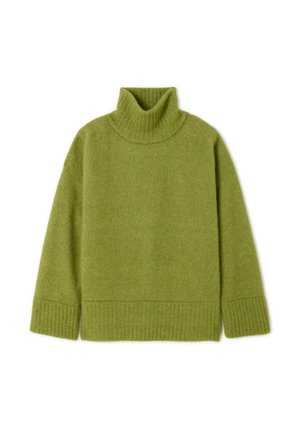 Grøn sweater med rullekrave, lavet af blødt, struktureret stof. Har ribbede manchetter og kant, samt et afslappet pasform design.