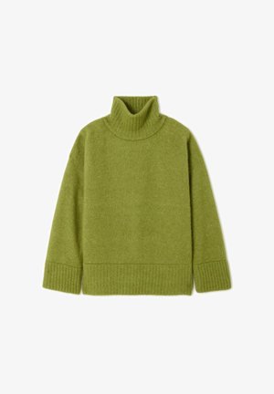 Grøn sweater med rullekrave, lavet af blødt, struktureret stof. Har ribbede manchetter og kant, samt et afslappet pasform design.