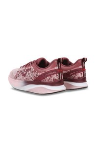 Burgundy running shoes with a textured upper, white midsole, and black outsole. Features include a wave pattern and logo accents.
